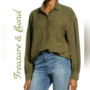 Treasure & Bond Womens Olive Night Button Front Shirt Sz S Preppy Oversized